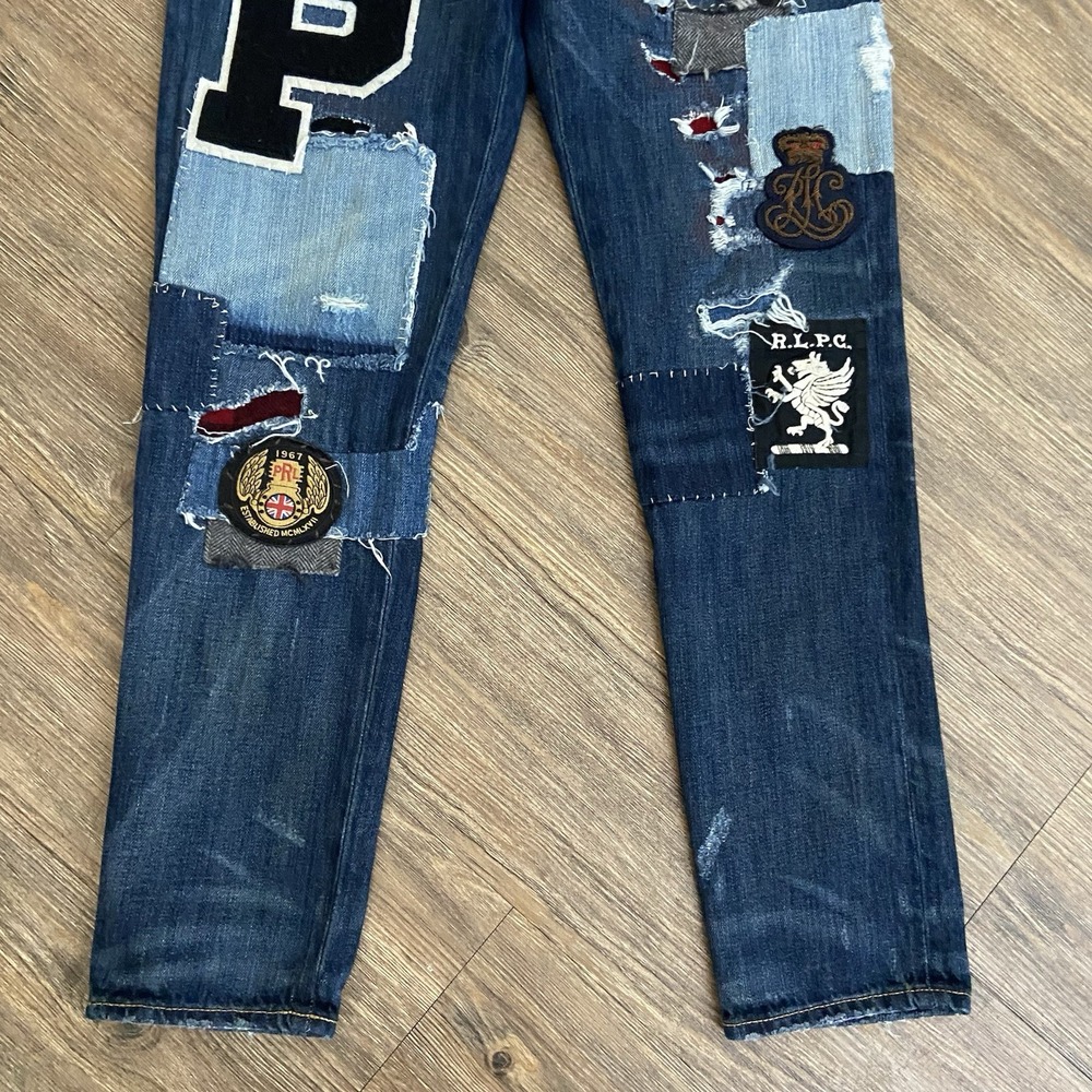 Polo Ralph Lauren Dungarees Patchwork Blue Distressed Denim Pants Wmns Sz 25 NEW - Picture 2 of 10